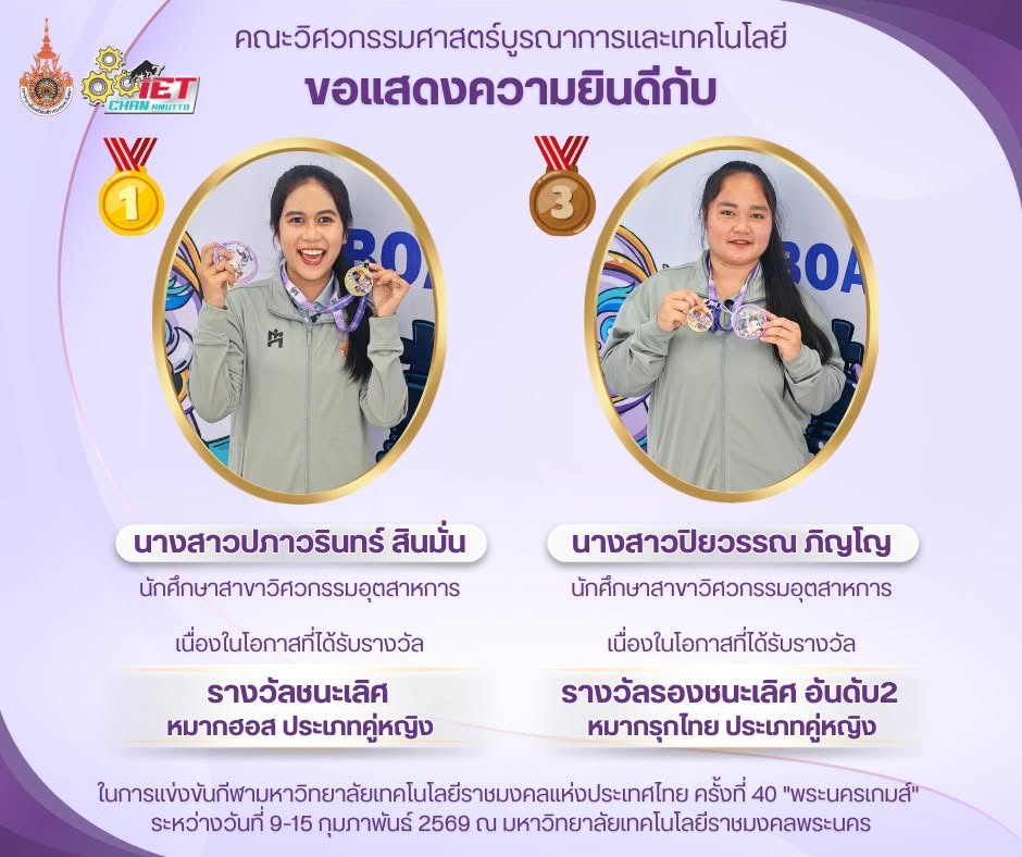 ขอแสดงความยินดีกับนักศึกษาตัวแทนมหาวิทยาลัยฯ คว้ารางวัล กีฬาหมากกระดาน ในการแข่งขันกีฬามหาวิทยาลัยเทคโนโลยีราชมงคลแห่งประเทศไทย ครั้งที่ 40 “พระนครเกมส์”